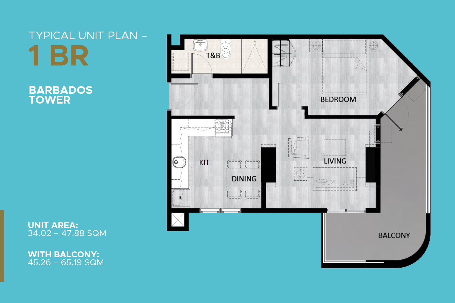 1 bedroom unit plan at Barbados Tower